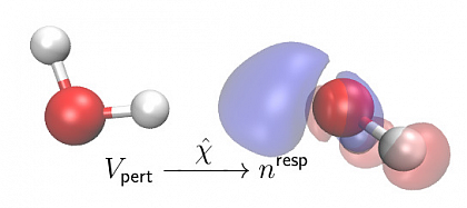 The hydrogen bond formation of a water dimer is a good example to illustrate the idea. The hydrogen donor molecule to the left perturbs the hydrogen bond acceptor molecule to the right. The density of the acceptor molecule responds to the presence of the perturbing environment. This change in density, the response density, can be efficiently obtained from the electronic susceptibility χ.