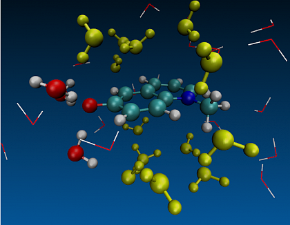 Figure 1: The first solvation shell of MQ and its components: Water molecules in torus around N-O (yellow beads), H2O molecules hydrogen bonded to the MQ-oxygen terminus (beads), and entire first solvation shell (sticks)